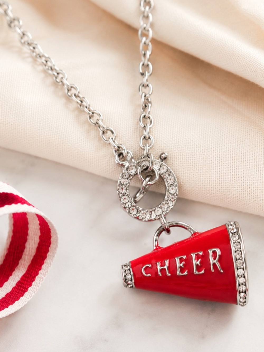 Vintage-Inspired Red Enamel “CHEER” Megaphone Charm Necklace